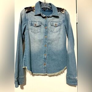 Miss Me bejeweled denim long sleeve button up size S